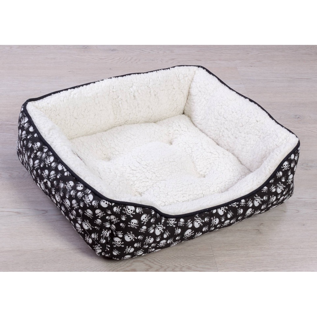Cuccia per animali cani gatti con effetto pelliccia interno e disegno teschi